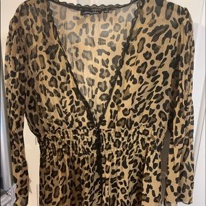 Sheer leopard 3-button top with lace trim